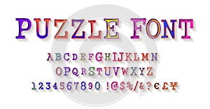 Puzzle font, jigsaw puzzle alphabet and numbers