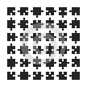 Puzzle game 36 pieces. Abstract jigsaw grid section, blank black detail frame, business teamwork metaphor. Vector set