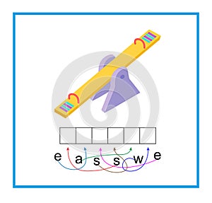 Puzzle game for children. Cartoon seesaw vector. Read the word.