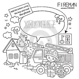 Puzzle Game for children. Coloring Page Outline Of cartoon fireman or firefighter with fire truck. Fire fighting. Coloring book