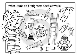 Puzzle Game for children. Coloring Page Outline Of cartoon fireman or firefighter. Profession. Fire extinguishing tools. Coloring