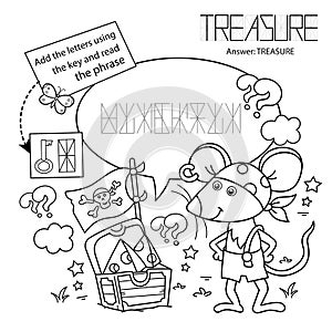 Puzzle Game for children. Coloring Page Outline Of cartoon  little pirate mouse with chest of treasure. Cheese trove. Coloring
