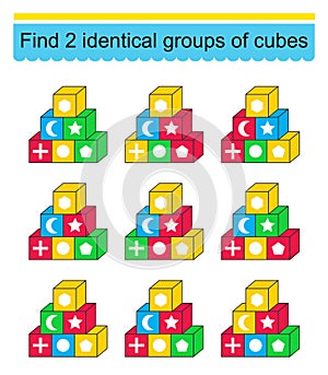 Puzzle game. Ffind two identical groups of cubes. Vector illustration