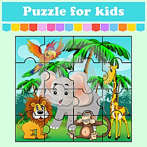 Puzzle game for kids. Animals in the meadow. Education worksheet. Color activity page. Riddle for preschool. Isolated vector