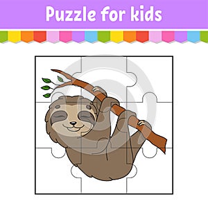 Puzzle game for kids. Brown sloth. Education worksheet. Color activity page. Riddle for preschool. Isolated vector illustration.