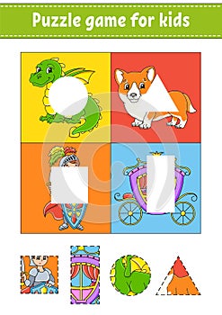 Puzzle game for kids. Cut and paste. Cutting practice. Learning shapes. Education worksheet. Circle, square, rectangle, triangle.
