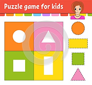 Puzzle game for kids. Cut and paste. Cutting practice. Learning shapes. Education worksheet. Circle, square, rectangle, triangle.