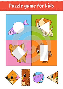 Puzzle game for kids. Cut and paste. Cutting practice. Learning shapes. Education worksheet. Circle, square, rectangle, triangle.