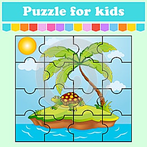 Puzzle game for kids. Elephant on an island sitting under a palm tree. Education worksheet. Color activity page. Riddle for