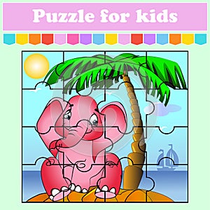 Puzzle game for kids. Elephant on an island sitting under a palm tree. Education worksheet. Color activity page. Riddle for