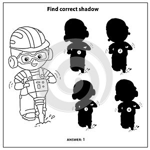 Puzzle Game for kids. Find correct shadow. Builder with jackhammer. Profession. Coloring book for children