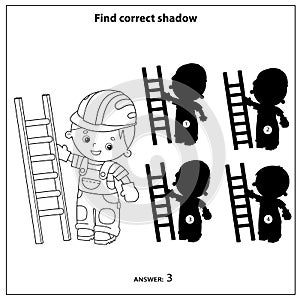 Puzzle Game for kids. Find correct shadow. Builder with step ladder. Profession. Coloring book for children