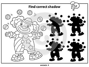 Puzzle Game for kids. Find correct shadow. Coloring Page Outline of cartoon circus clown with colorful balls. Coloring book for