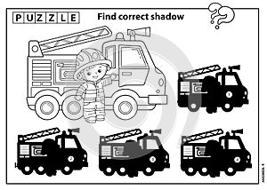 Puzzle Game for kids. Find correct shadow. Coloring Page Outline Of cartoon fire truck with fireman or firefighter. Coloring book