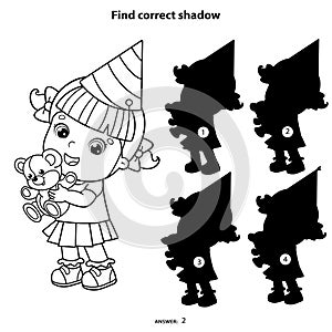 Puzzle Game for kids. Find correct shadow. Coloring Page Outline Of cartoon girl with a teddy bear at the holiday. Birthday.