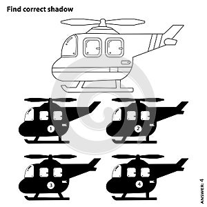Puzzle Game for kids. Find correct shadow. Coloring Page Outline Of cartoon helicopter. Coloring book for children