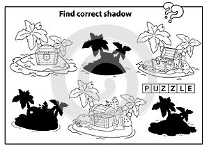 Puzzle Game for kids. Find correct shadow. Coloring Page Outline Of cartoon pirate Island of treasure. Coloring book for children