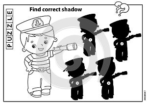 Puzzle Game for kids. Find correct shadow. Coloring Page Outline of cartoon sailor or seaman with spyglass. Profession. Coloring
