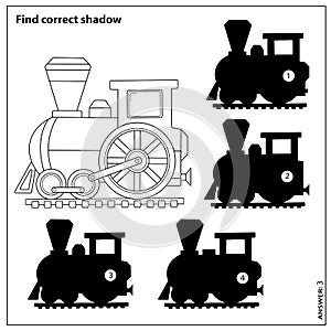 Puzzle Game for kids. Find correct shadow. Coloring Page Outline Of cartoon train. Coloring book for children