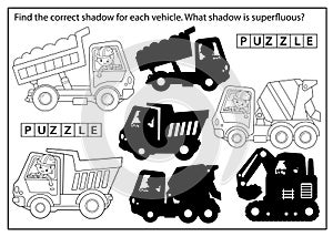 Puzzle Game for kids. Find correct shadow. Construction vehicles. Cartoon lorry, dump truck and crawler excavator. Coloring book