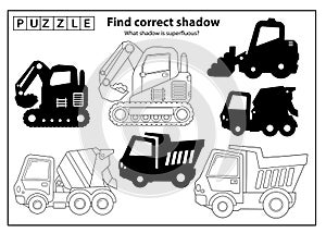 Puzzle Game for kids. Find correct shadow. Construction vehicles. Cartoon lorry or dump truck, crawler excavator and concrete