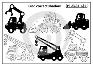 Puzzle Game for kids. Find correct shadow. Construction vehicles. Cartoon truck crane, loader or lift truck and bulldozer.