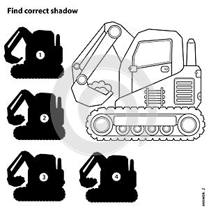 Puzzle Game for kids. Find correct shadow. Crawler excavator. Construction vehicles. Coloring book for children