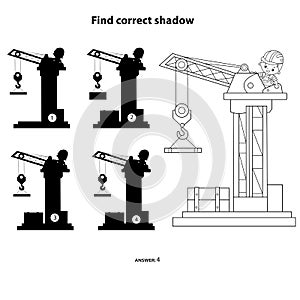 Puzzle Game for kids. Find correct shadow. Elevating crane. Construction vehicles. Coloring book for children