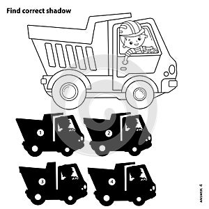 Puzzle Game for kids. Find correct shadow. Lorry or dump truck. Construction vehicles. Coloring book for children