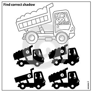Puzzle Game for kids. Find correct shadow. Lorry or dump truck. Construction vehicles. Coloring book for children