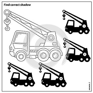 Puzzle Game for kids. Find correct shadow. Truck crane. Construction vehicles. Coloring book for children