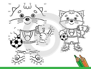 Puzzle Game for kids: numbers game. Coloring Page Outline Of Cartoon cat with cup and soccer ball. Champion or winner of football