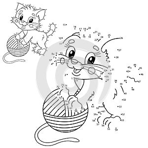 Puzzle Game for kids: numbers game. Coloring Page Outline Of cartoon little cat with balls of yarn. Cute playful kitten. Coloring