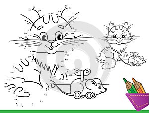 Puzzle Game for kids: numbers game. Coloring Page Outline of cartoon cat with toy mouse. Coloring Book for children