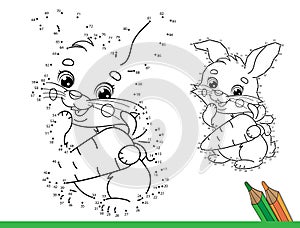 Puzzle Game for kids: numbers game. Coloring Page Outline Of cartoon cute bunny or rabbit with carrot. Coloring Book for children