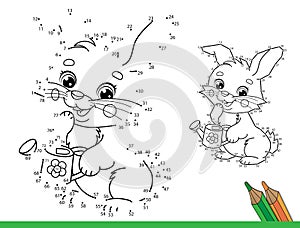 Puzzle Game for kids: numbers game. Coloring Page Outline Of cartoon cute bunny or rabbit with a watering can. Coloring Book for