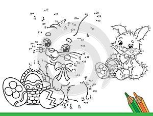 Puzzle Game for kids: numbers game. Coloring Page Outline Of cartoon cute Easter bunny with eggs and sweets. Coloring Book for