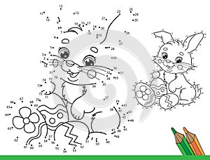 Puzzle Game for kids: numbers game. Coloring Page Outline Of cartoon cute Easter bunny with eggs and sweets. Coloring Book for