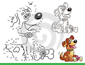 Puzzle Game for kids: numbers game. Coloring Page Outline of cartoon dog with bone. Coloring Book for children