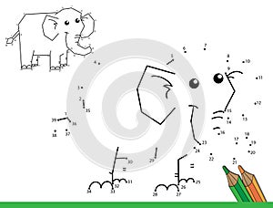 Puzzle Game for kids: numbers game. Coloring Page Outline of cartoon elephant. Coloring Book for children