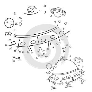 Puzzle Game for kids: numbers game. Coloring Page Outline of cartoon flying saucer. Coloring book for children