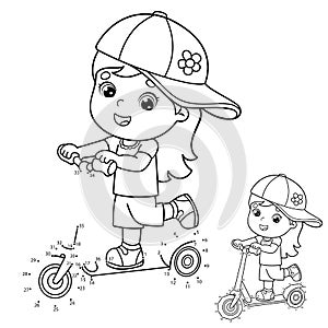 Puzzle Game for kids: numbers game. Coloring Page Outline Of cartoon girl on the scooter. Coloring book for children