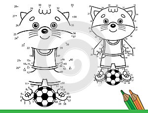 Puzzle Game for kids: numbers game. Coloring Page Outline Of Cartoon little cat with soccer ball. Football game. Coloring Book for