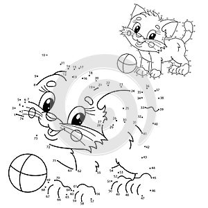 Puzzle Game for kids: numbers game. Coloring Page Outline Of cartoon little cat with toy ball. Cute playful kitten. Coloring Book