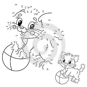 Puzzle Game for kids: numbers game. Coloring Page Outline Of cartoon little cat with toy ball. Cute playful kitten. Coloring Book