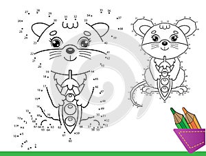 Puzzle Game for kids: numbers game. Coloring Page Outline of cartoon little mouse with peas. Coloring Book for children