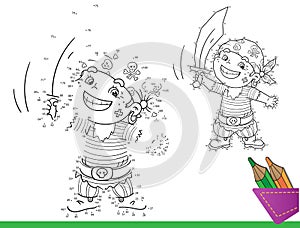 Puzzle Game for kids: numbers game. Coloring Page Outline Of Cartoon Pirate with saber. Coloring Book for children