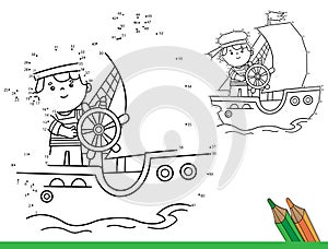 Puzzle Game for kids: numbers game. Coloring Page Outline Of cartoon sail ship with sailor. Sea travelling. Coloring Book for