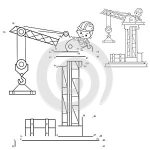 Puzzle Game for kids: numbers game. Elevating crane. Construction vehicles. Coloring book for kids