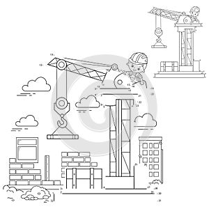 Puzzle Game for kids: numbers game. Elevating crane. Construction vehicles. Coloring book for kids